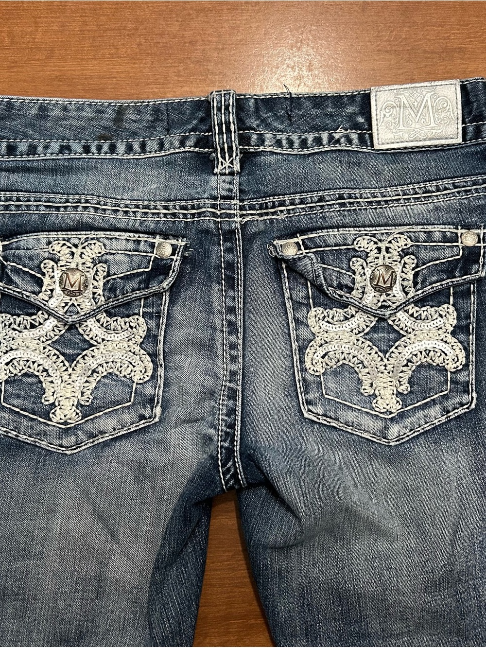 Maurices Blue Denim Boot Cut Jeans with White Embroidered Back Pockets